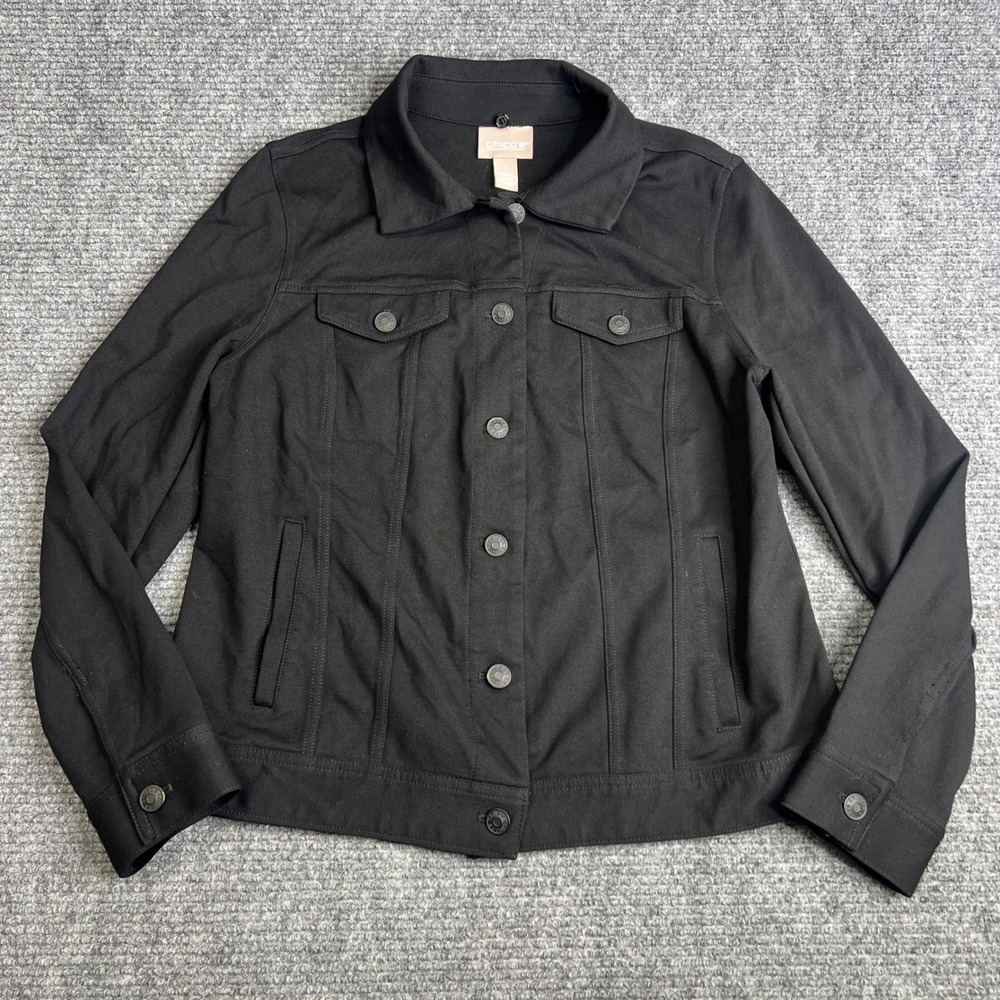 Chicos Womens Black Ponte Knit Button Front Trucker Jacket Size 1 M Medium